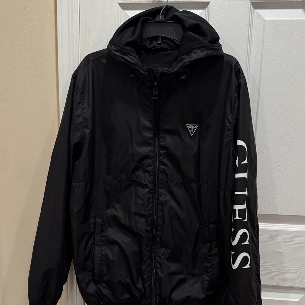 GUESS Men's Black Windbreaker with Hood